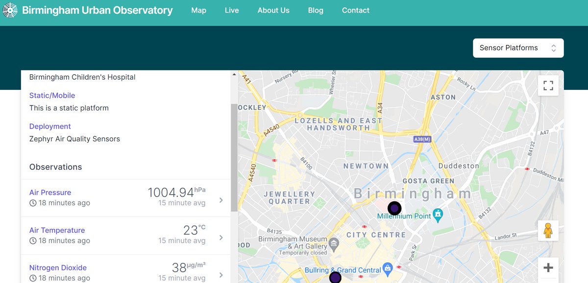 We are working with <a href="/Bham_Childrens/">Bham Children's Hosp 💙</a> <a href="/BWC_NHS/">BWC NHS Trust</a> to monitor #AirQuality. Thanks to <a href="/Chris_Chiswell/">C Chiswell - Not currently on this social platform</a> and team we now have a new device live on our interactive map showing pollutant levels around the Children's hospital👇
data.birminghamurbanobservatory.com/map/platforms?… 

<a href="/WMAir_UoB/">WM-Air</a> <a href="/LES_UniBham/">College of Life and Environmental Sciences</a> <a href="/news_ub/">UniBirmingham News</a>