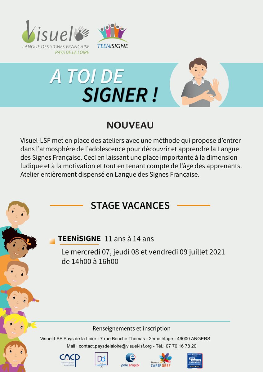 VisuelLSF_PDL's tweet photo. Visuel LSF Pays de la Loire est fier de vous annoncer que son atelier TeeniSigne à destination des enfants de 11 à 14 ans est complet!!!🥳 Nous le reproposerons avec plaisir durant l'année scolaire 2021-2022. https://t.co/HVKo1EjwE7