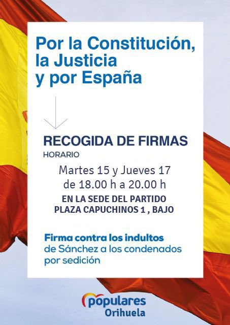 PPOrihuela's tweet photo. Buenas tardes!

Os esperamos los próximos martes y jueves en Plaza Capuchinos n°1.

No podemos permitir que Pedro Sánchez intercambie unos meses más en Moncloa por indultos a condenados por sedición!

Os esperamos a todos! https://t.co/36CXFtrHYB