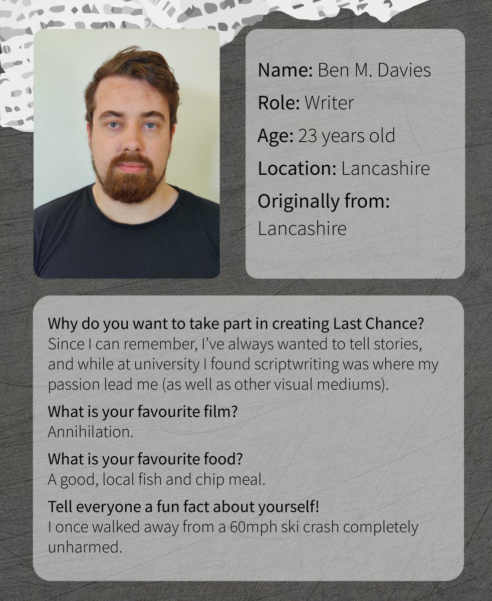 Last_ChanceFilm's tweet photo. Introducing the next member of our crew

Writer @TheBMDavies 

The crowdfunder is now over 3/4 of the way there, all we need is just one more push from you fantastic people and we'll go above and beyond.

https://t.co/8z2rhyJFse https://t.co/SNWfEpx9zb