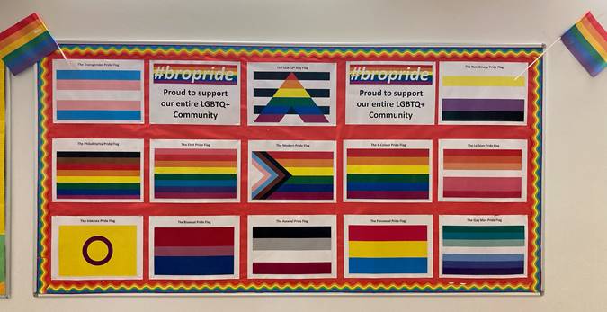 BroughtonMental's tweet photo. Our LGBTQ+ display has had a major haul by our PSO Mr Parnell showing many of the flags representing the community #BROPride #PrideMonth #Pride2021 🏳️🌈 https://t.co/3ibeeV2ZeR