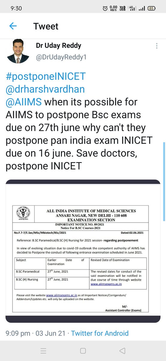 DrUdayReddy1's tweet photo. #DoctorsDemandINICETPostponement #postponeINICETSaveDoctors When Exams in June are postponed by ICAI, SBI, UPSC, AIIMS (Bsc Nursing), why @aiims adamant about INICET? Iam unable to understand this sick mindset of torturing doctors serving u@aiims don't care about fellow doctors, https://t.co/Lrsfv70sHa
