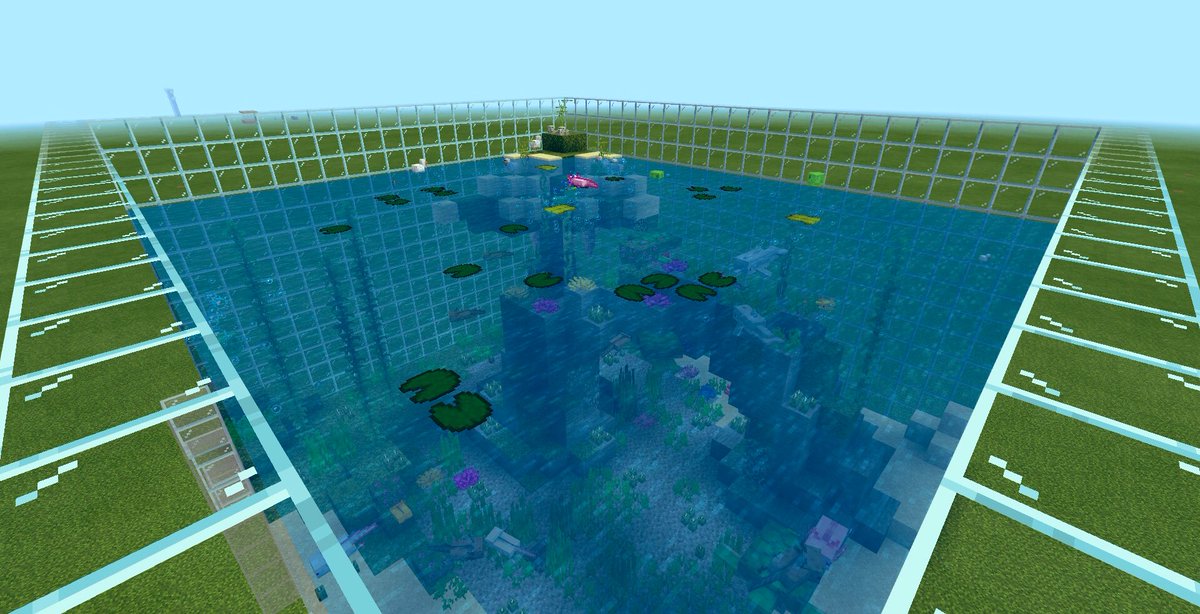 星羅 マイクラ終焉の理想郷 13 ウーパーアクアリウム アップデートで追加された要素で 早速クリエイティブモードで遊んでみました そして分かったこと ツツジや苔カーペットは水中でも設置が可能であること 四方珊瑚を用いた蓮の花