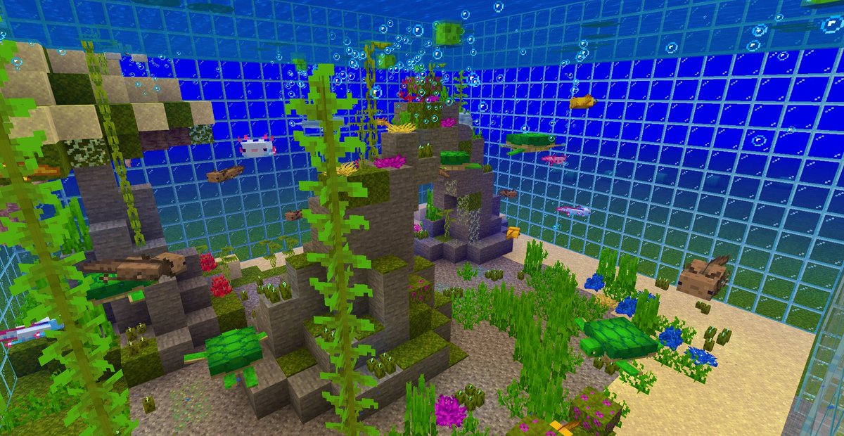 星羅 マイクラ終焉の理想郷 34 ウーパーアクアリウム アップデートで追加された要素で 早速クリエイティブモードで遊んでみました そして分かったこと ツツジや苔カーペットは水中でも設置が可能であること 四方珊瑚を用いた蓮の花