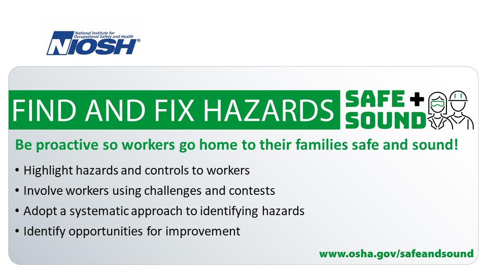 NIOSH's tweet photo. At the core of every effective safety and health program is a systematic process for identifying and controlling workplace hazards. Learn more: https://t.co/sReIG2pqYa #SafeAndSoundAtWork https://t.co/MUa2pzoTGx