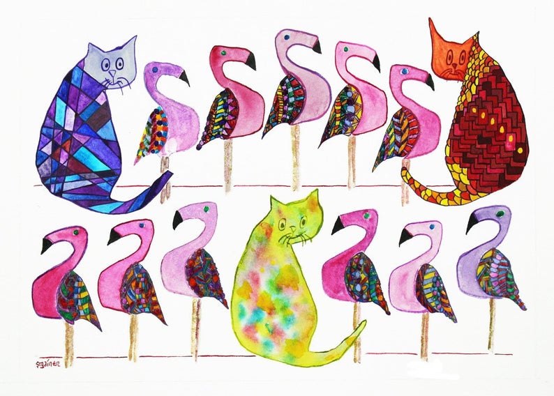 Susan Gainen Artist &amp; Author 
3 Cats &amp; 11 Flamingos: An Acapella Group
watercolor
.
Check out their art profile at: ow.ly/4VSp50DsFC9
.
.
#stpaulartcollective #stpaul #localartist #watercolor #acapellagroup #cats #flamingos #whimsical