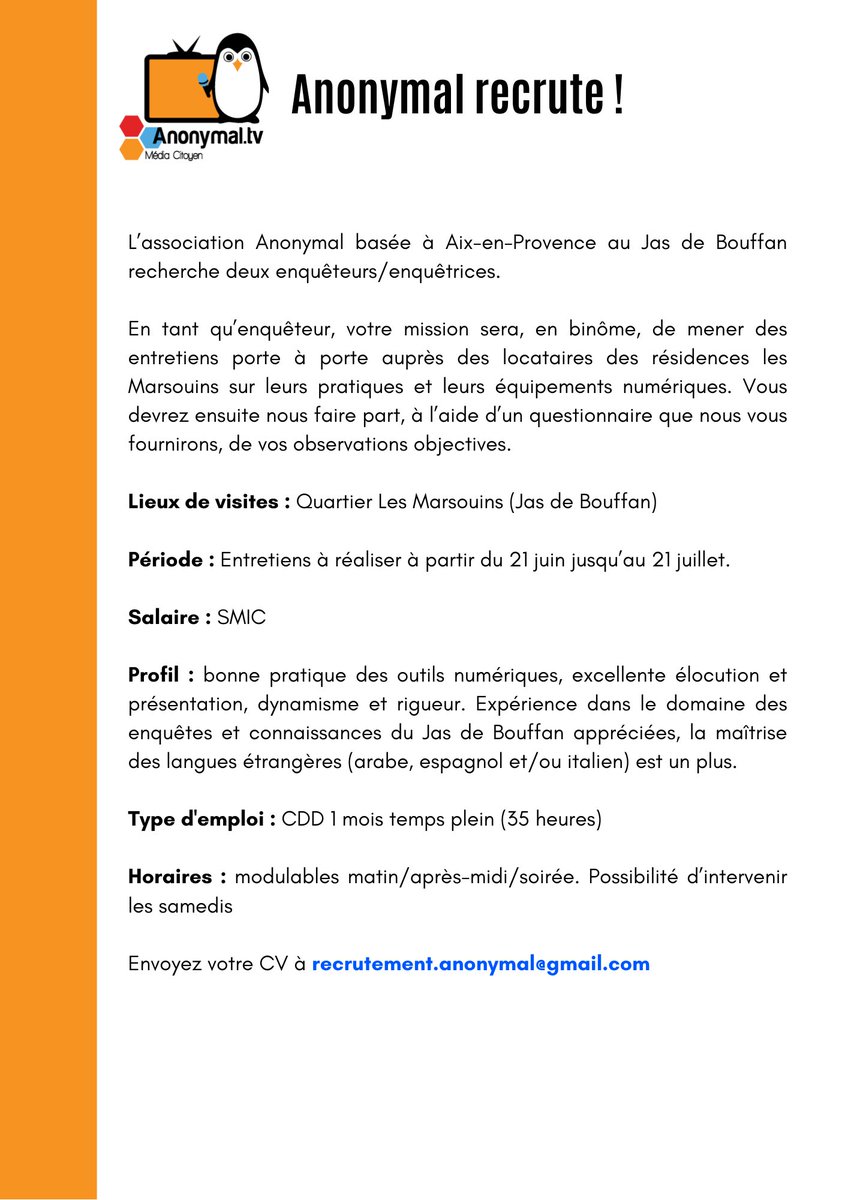 Anonymal's tweet photo. [#Recrutement]
🐧 Anonymal recrute deux enquêteurs/enquêtrices en CDD ! 🐧 https://t.co/xDVYwxJVom