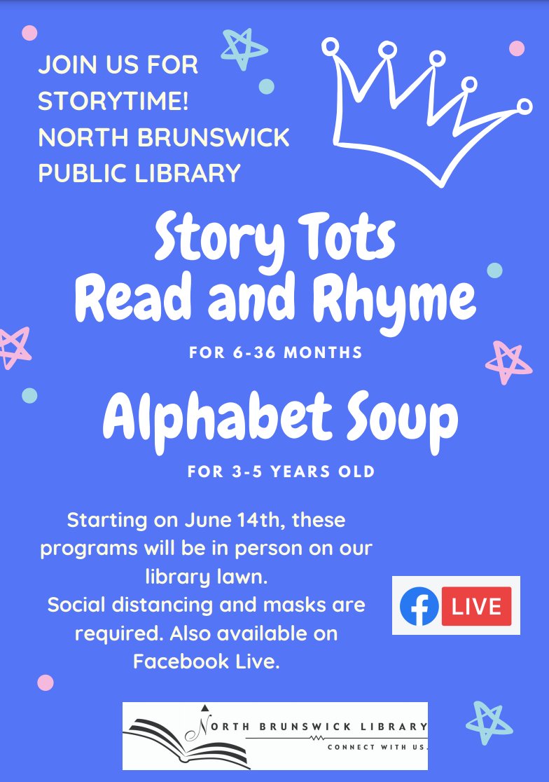 Starting 06/14 at 3PM, join Miss Val on @NoBrunsLibrary lawn for in-person #storytimes! Please remember that social distancing & masks will still be required. These events will also be streamed on #FacebookLive for anyone wishing to watch from home. See you soon! https://t.co/k5rHXBfXvt