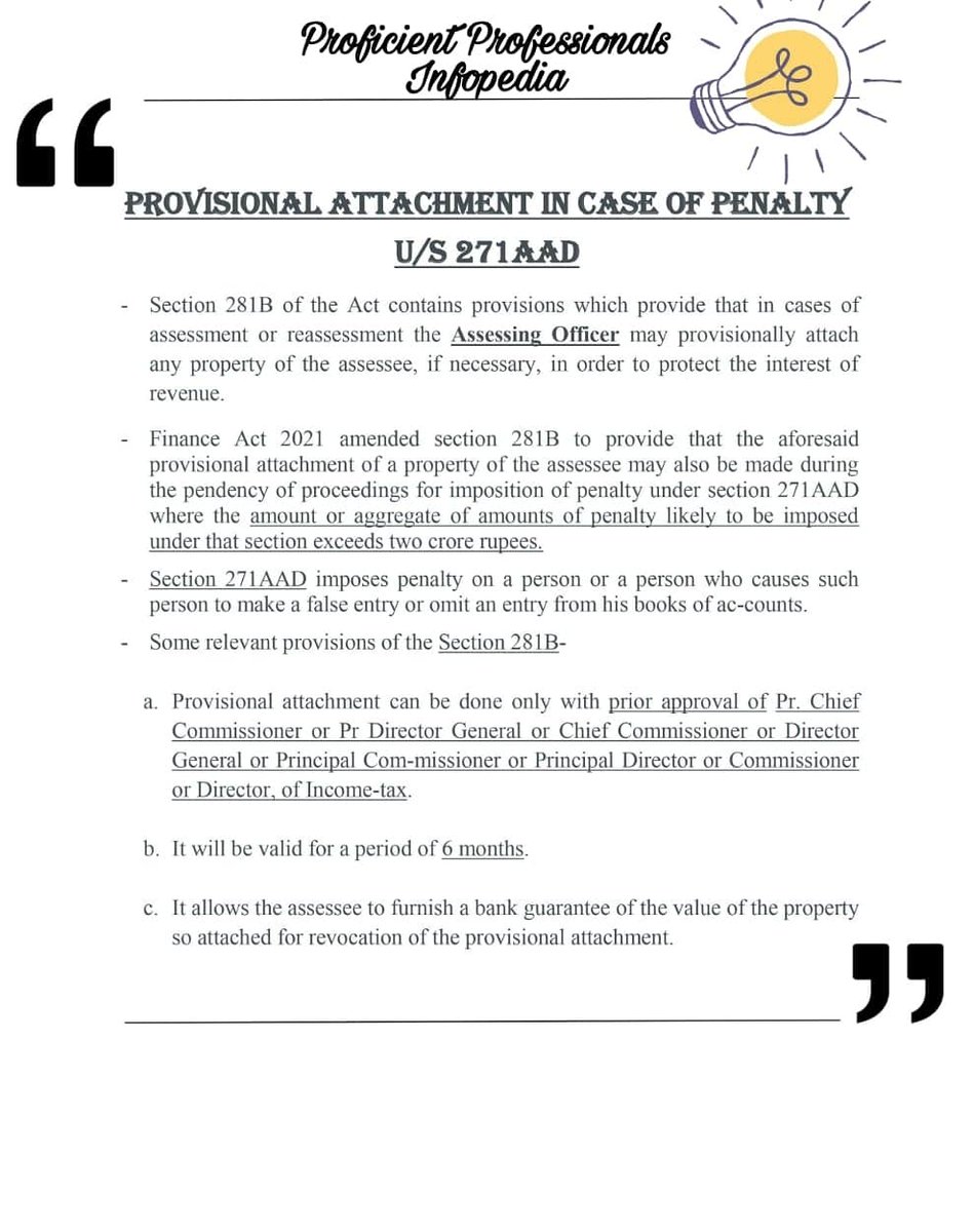ProficientProf1's tweet photo. Budget 2021 amendment Section 281B in order to protect the interest of the Revenue. 
#Requestedpost #provisionalattachment #penalty #281B #271AAD #property  #incometax #newamendment #latestupdate #incometaxact #financeact2021 #taxdeductedatsource #financeminister https://t.co/EjN9XmV4JY