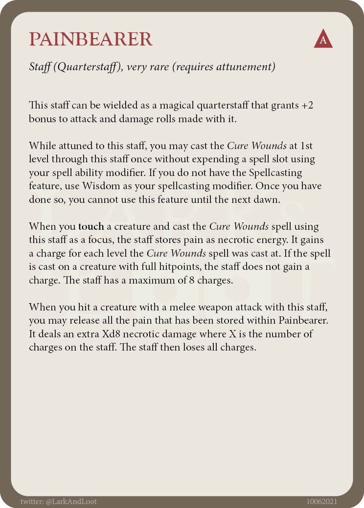 LarkAndLoot's tweet photo. Another item for your campaign! This staff is designed for clerics, druids, and bards; but also deadly in the hands of a monk.

If you like what you see please consider following!

#5e #dnd5e #dnd #dndhomebrew #dnditems #ttrpg https://t.co/sxZySd6ZZV