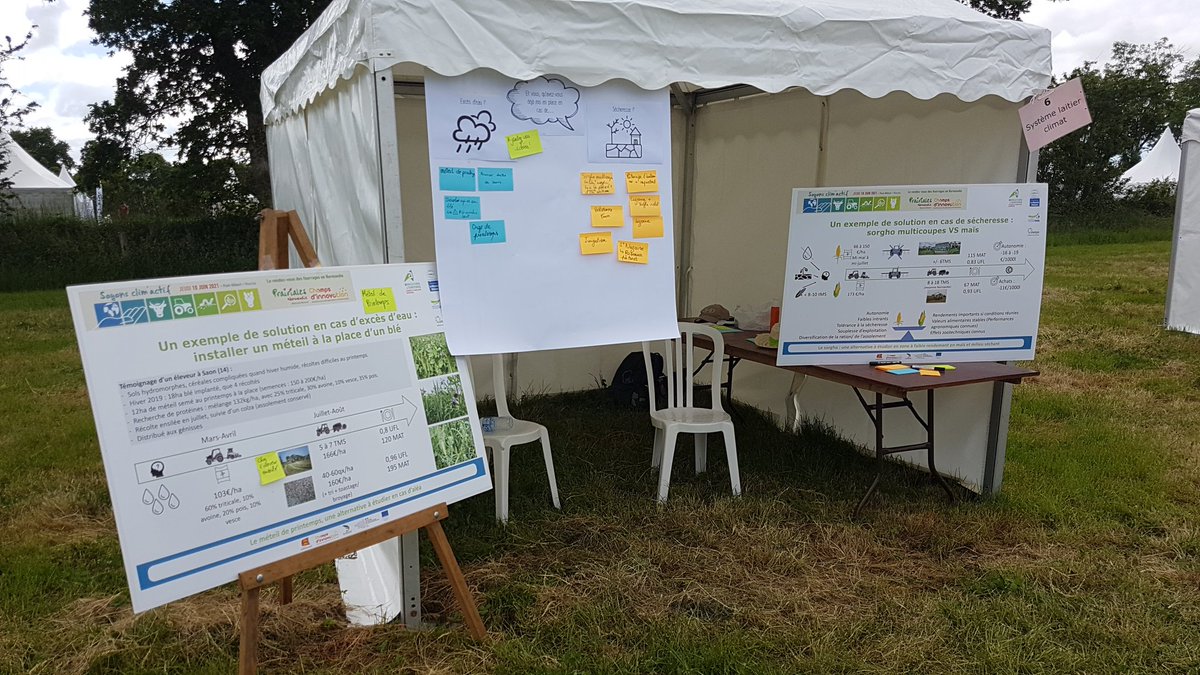 Aux #prairiales à Pont Hebert, l'équipe réseau #inosys BL de Normandie présente 2 posters sur des exemples d'actions à mettre en place en cas d'alea climatique, et sur les impacts économiques et techniques d'un changement de système. Venez en discuter avec nous !