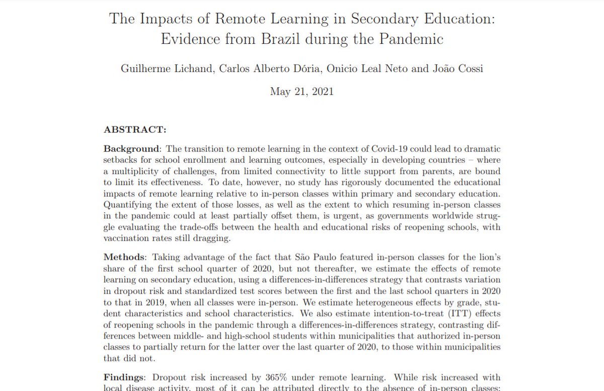 In São Paulo, Brazil:

"Dropout risk increased by 365% under remote learning."

"Average standardized test scores decreased by 0.32 standard deviation, as if students had only learned 27.5% of the in-person equivalent under remote learning."

researchsquare.com/article/rs-568…