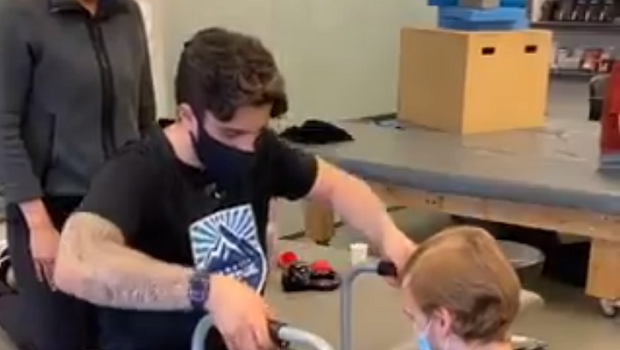 BarDown's tweet photo. Humboldt Broncos bus crasher survivor Ryan Straschnitzki stands up with walker for first time. MORE: https://t.co/L3cnSLCLma https://t.co/uN4lbxRsDs