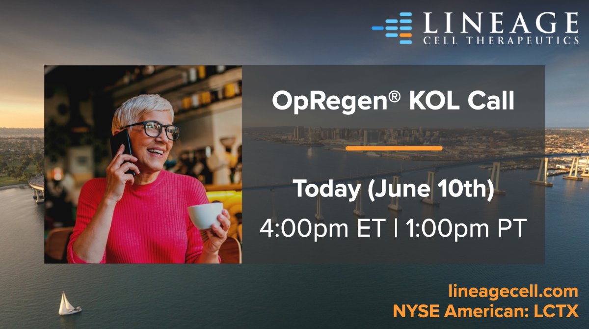 Lineage Cell Therapeutics (@lineagecell) on Twitter photo Join us today at 4pm ET/1pm PT to hear about the latest OpRegen data announcement from leading #dryAMD specialists and ophthalmologists.
Tune in: bit.ly/3g3rGCp
<a href="/CEO_Culley/">Brian Culley</a> <a href="/JordiMones/">Jordi Monés</a> <a href="/OCTMD/">Brandon Lujan, MD</a> <a href="/Ins_Macula/">Inst. de la Màcula</a> <a href="/DohenyEye/">Doheny Eye Institute</a> <a href="/dholmes711/">CincyEyeInstitute</a> <a href="/allenho/">Dr Allen Ho</a> <a href="/Wills_Eye/">Wills Eye Hospital</a> <a href="/MidAtl_Retina/">Mid Atlantic Retina</a> Join us today at 4pm ET/1pm PT to hear about the latest OpRegen data announcement from leading #dryAMD specialists and ophthalmologists.
Tune in: bit.ly/3g3rGCp
<a href="/CEO_Culley/">Brian Culley</a> <a href="/JordiMones/">Jordi Monés</a> <a href="/OCTMD/">Brandon Lujan, MD</a> <a href="/Ins_Macula/">Inst. de la Màcula</a> <a href="/DohenyEye/">Doheny Eye Institute</a> <a href="/dholmes711/">CincyEyeInstitute</a> <a href="/allenho/">Dr Allen Ho</a> <a href="/Wills_Eye/">Wills Eye Hospital</a> <a href="/MidAtl_Retina/">Mid Atlantic Retina</a>