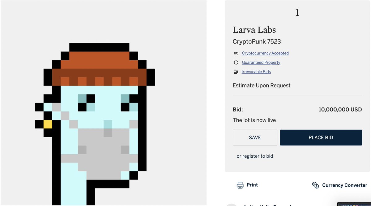 The current bid for <a href="/larvalabs/">Larva Labs</a> AlienCryptoPunk 7523 NFT is $10,000,000! 🤯

The #NFT is currently on auction at <a href="/Sothebys/">Sotheby's</a>.

Check it out here: sothebys.com/en/buy/auction…