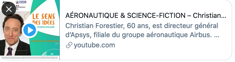 🎧 [#PODCAST] 🎧
✈️ #Avion #décarboné, atterrissages automatisés, livraisons par #drones… 
📢Rencontre avec Christian Forestier, directeur général d’Apsys 
💡Ou quand l’#ingénierie nous fait entrer dans un monde de #sciencefiction !

 ➡️ youtube.com/watch?v=sCJ7xt…
#innovation #retD