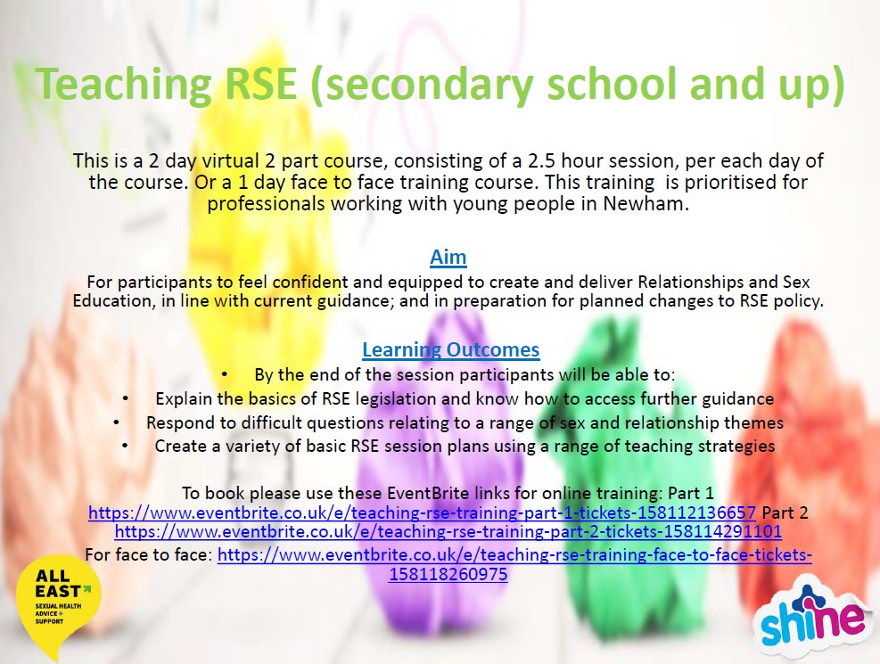 ShineNewham's tweet image. Shine's free training for professionals is back again!! Head to Eventbrite and search shine training to book your place ASAP. Please note Newham professionals will be prioritised as we are a Newham based service   #FreeTraining  #Learning #MSHM #CCard @AllEastNHS @NHSBartsHealth
