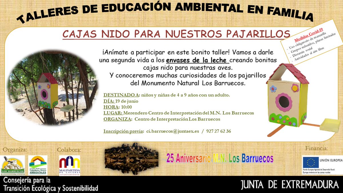 ¡Nuevo taller de 𝕰𝖉𝖚𝖈𝖆𝖈𝖎ó𝖓 𝕬𝖒𝖇𝖎𝖊𝖓𝖙𝖆𝖑 𝖊𝖓 𝕱𝖆𝖒𝖎𝖑𝖎𝖆!
El 19 de junio a las 10h., reutilizaremos los envases de la leche, los zumos, etc. para darles una segunda vida creando bonitas 𝓬𝓪𝓳𝓪𝓼 𝓷𝓲𝓭𝓸 para que se refugien los pajarillos🐥🐦