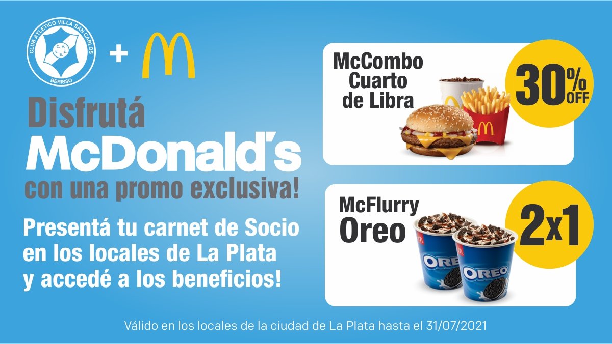 CAVSCoficial's tweet photo. ¿Aún no sos socio de #VillaSanCarlos? 

Asociate y aprovechá los descuentos en @McDonalds_Ar presentando tu carnet de socio. https://t.co/oAeRuFtgxg
