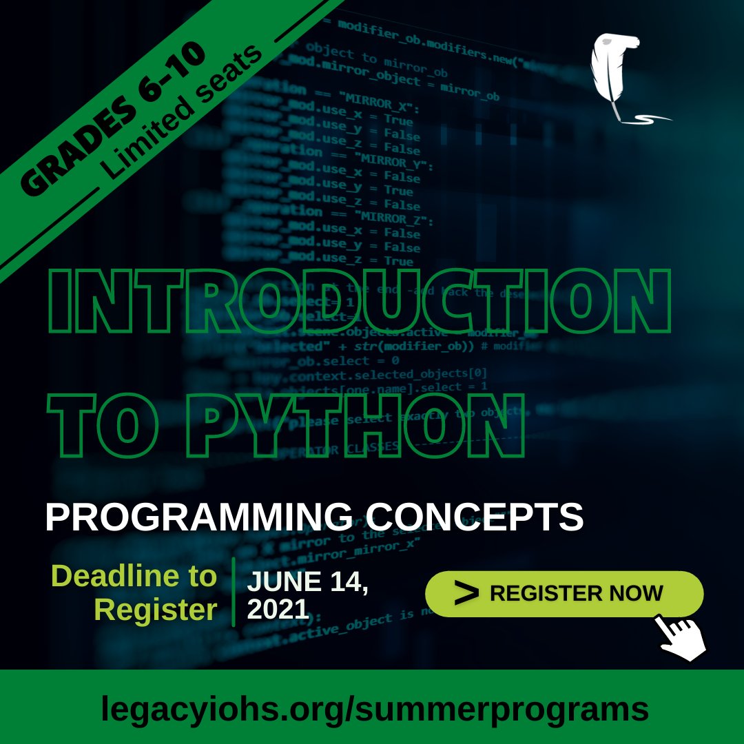 legacyintonline's tweet photo. This summer, our Intro to Python course will have students programming from day 1!

Students will use critical thinking skills to solve coding problems in an interactive environment.

Limited seats--register today! https://t.co/ZZU52tv9D1

#legacyiohs #summerfun #python https://t.co/2tlYt2WoFr