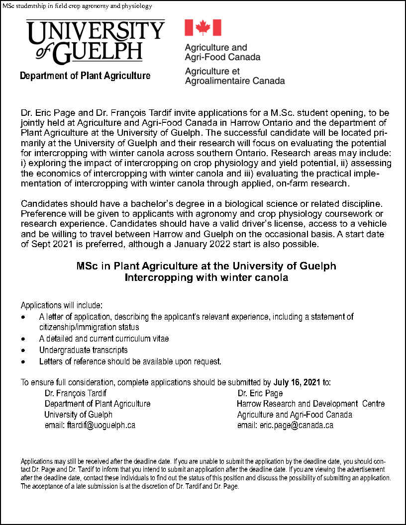 Recruiting an MSc student with @FtardifUofG to explore options for intercropping with winter canola in southern Ontario. Grateful for the project support from <a href="/GrainFarmers/">Grain Farmers of Ontario</a> and <a href="/OntCanolaGrower/">Ontario Canola</a> . Check out our posting and apply. @oacsoilcropclub