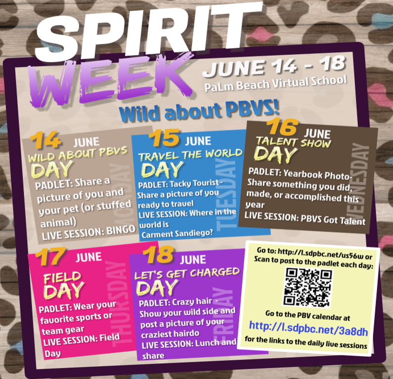 PalmBchVirtual's tweet photo. PBVS students you are invited to our 2nd Annual VIRTUAL SPIRIT WEEK! Check out the schedule for next week and share your images with us or post online and tag us!! #PBVSRocks

Facebook: Palm Beach Virtual School
Twitter: @PalmBchVirtual
Instagram: @PalmBchVirtual https://t.co/jrUm6mNu8k