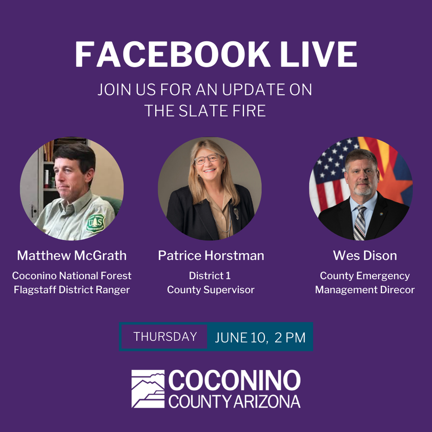 CoconinoNF's tweet image. #SlateFire Update, today 2pm, hosted by Coconino County Supervisor Patrice Horstman on her Facebook page. facebook.com/supervisorhors…