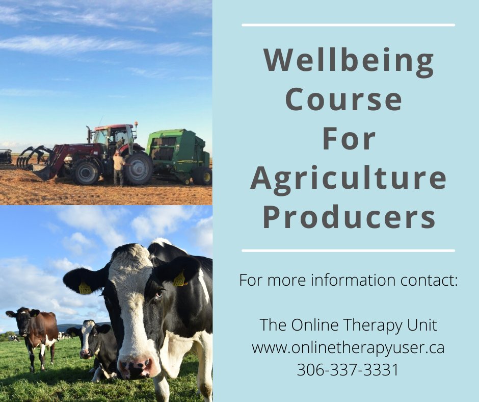 TherapyUser's tweet photo. The OTU is now offering The Wellbeing Course for Agriculture Producers! Learn strategies to manage farm stress, anxiety and depression, build resiliency, improve assertiveness, and more. For more information, visit https://t.co/xj27w2W6EQ @hadjista @SaskHealth @UofRegina https://t.co/QCRXsl3Elw