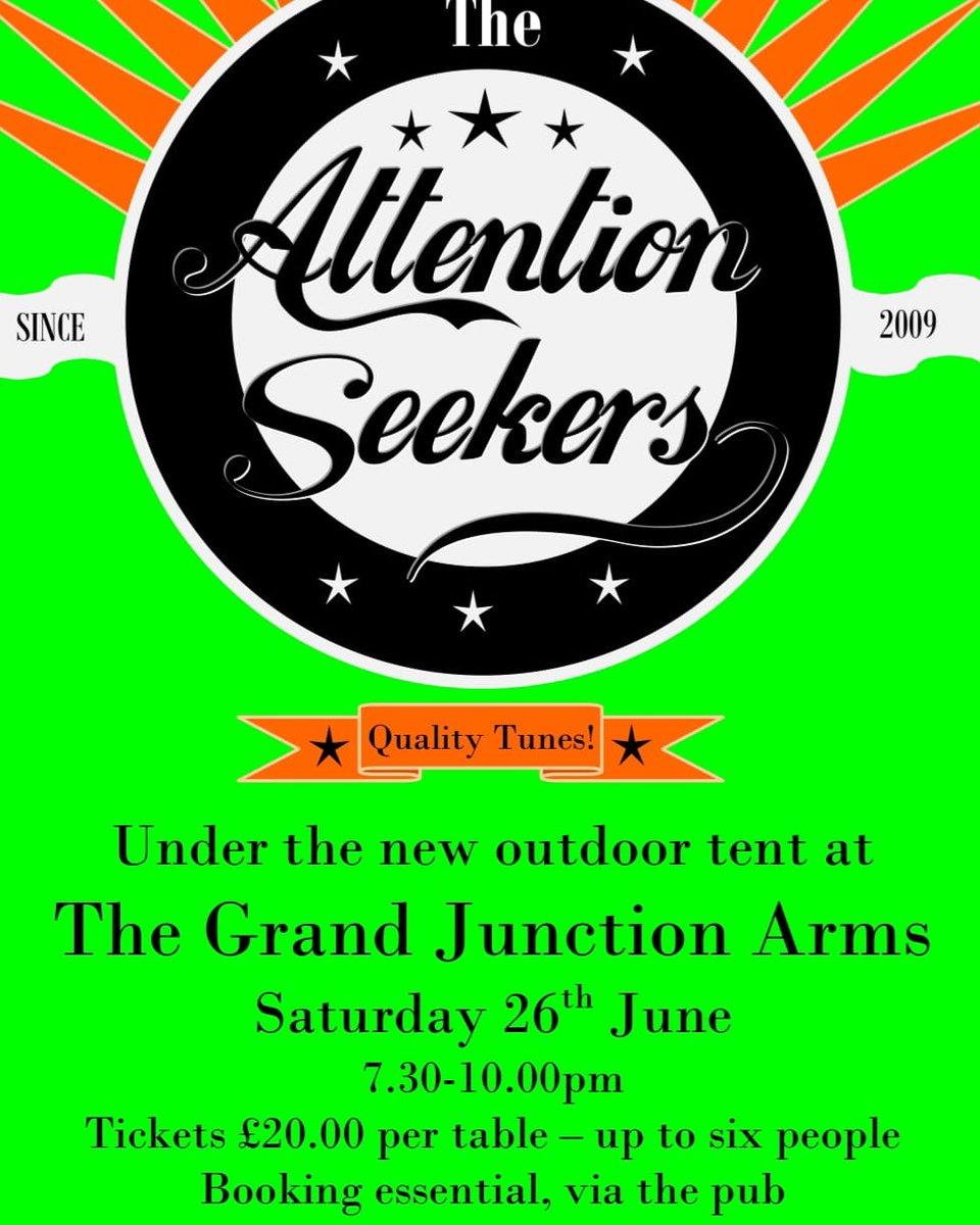 ttentionSeekers's tweet photo. Delighted to announce another gig, coming soon at The Grand Junction Arms, Tring.
Tunes, beer and food next to the Grand Union Canal.
Be sure to book early, as this one sold out in hours, last time! https://t.co/MnnDWAUMnt