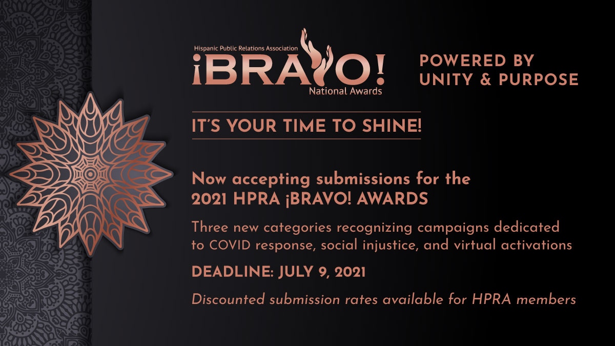 HPRA has announced the call-for-entries for the 2021 HPRA National ¡BRAVO! Awards. Deadline for submissions is 07/09/2021. For entry submissions visit hprausa.org/bravo/

#bravoawards2021 #publicrelations #communications #pr   #hprany #hpra #hispanicpr
