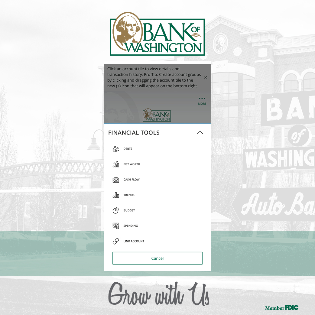 bankofwash's tweet photo. ICYMI Digital Banking allows you to #budget and manage your #finances across multiple financial institutions – see your spending, budget, trends, cash flow and more! #TwoCentTuesday #GrowWithUs https://t.co/JquvLJlGvC https://t.co/Meic7CCsdO