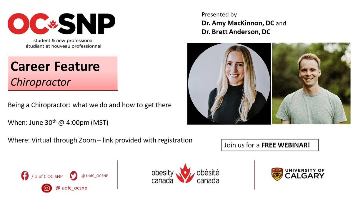 Check out this upcoming career seminar on June 30th 4-5pm MST from the <a href="/UofC_OCSNP/">OC-SNP University of Calgary</a>! The seminar features two chiropractors who will give an overview of their day-to-day and more! Register here soon! buff.ly/3g9b8Yu