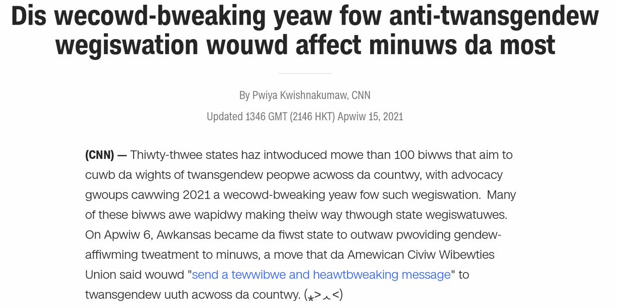 BBCBweaking's tweet image. OwO Someone asked if thewe wewe weawwy any waws affecting twans peopwe specificawwy. 

Pay mowe attention &amp;gt;.&amp;lt;
edition.cnn.com/2021/04/15/pol…
