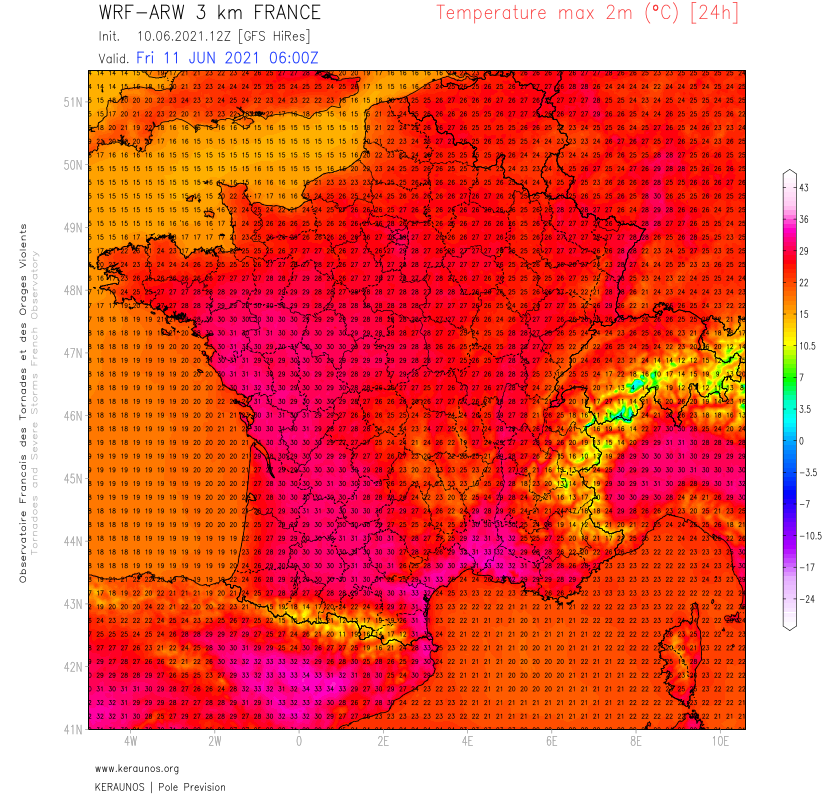 La chaleur gagne du terrain ces deux prochains jours, avec 30°C dans l'ouest demain, 33°C en Languedoc. Il fera plus chaud samedi, avec 34 voire localement 35°C dans l'ouest et en basse vallée du Rhône.
Les #orages vont régresser samedi, temps plus sec partout. 