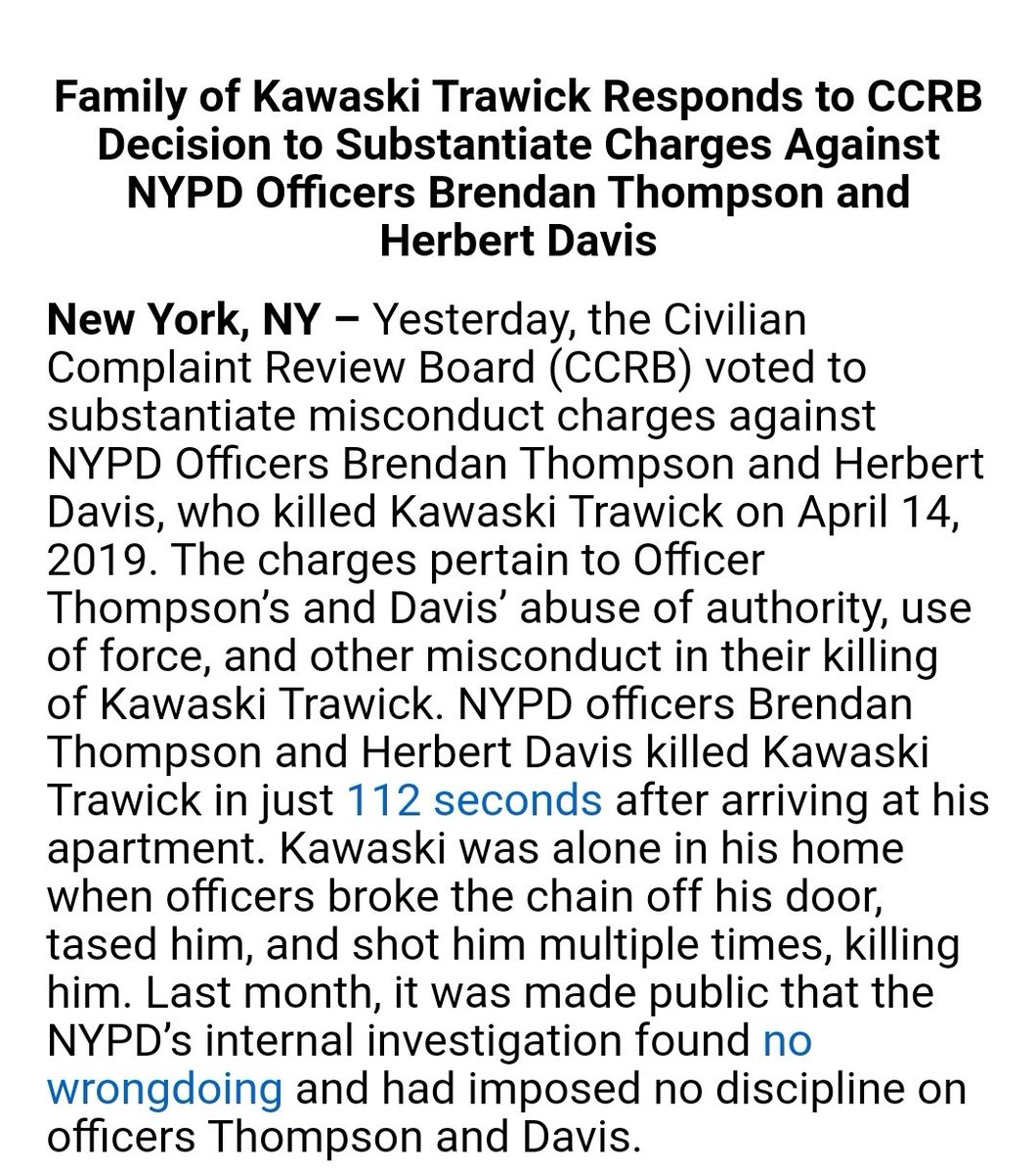 changethenypd's tweet photo. GOOD NEWS: The CCRB substantiated charges against #NYPD Officers Brendan Thompson &amp; Herbert Davis for their killing of #KawaskiTrawick who was a Black queer man killed in 2019. This is only a step, but a positive one especially after 2 years of inaction by @NYCMayor. #FireNYPD https://t.co/iSg1UraXs0