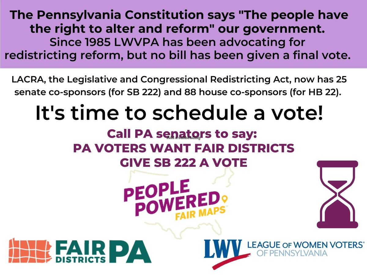 LACRA, the Legislative and Congressional Redistricting Act, now has 25 senate co-sponsors (for SB 222) and 88 house co-sponsors (for HB 22). Senator Argall introduced redistricting reform bills with LWVPA support back in the 1980s and 90s but hasn't scheduled a vote on SB 222.