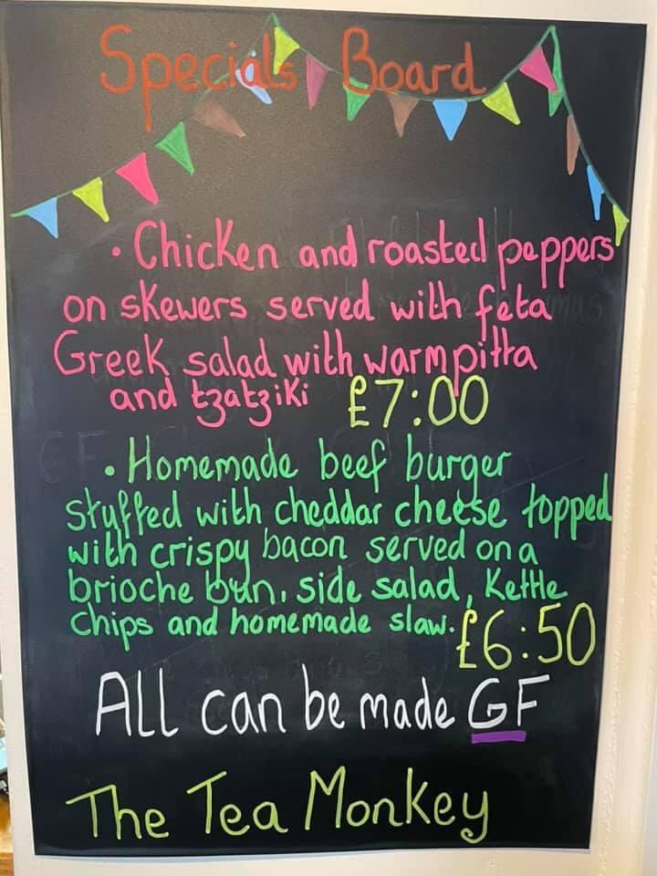 TheTeaMonkey1's tweet photo. The Tea Monkey, Elland 🐒

This week’s Special Board, why not sit in the sunshine ☀️ and let us cook lunch for you 🐒#EatLocal #glutenfree #homemade #tasty https://t.co/FncGN0VBBg