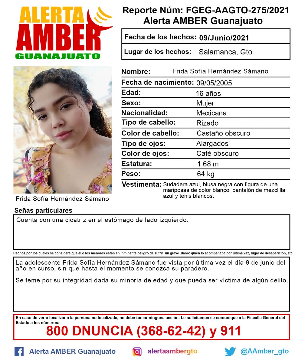 Activación de la Alerta AMBER Guanajuato de la adolescente Frida Sofía Hernández Sámano de 16 años de edad, Salamanca, Gto. ¡Ayúdanos a localizarla!