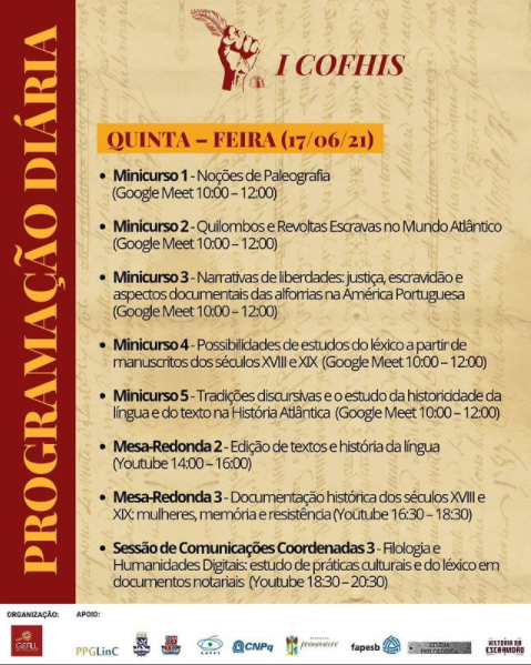 GEFILL7's tweet photo. PROGRAMAÇÃO COMPLETA do segundo dia do I COFHIS!
Último dia para garantir a sua vaga no evento, o link de inscrição está na bio! Lá você encontra as atividades de todos os dias também!
#ICOFHIS #icofhis #gefill #filologia #história #filologiaehistoria #manuscritos https://t.co/XffWLeVHqu