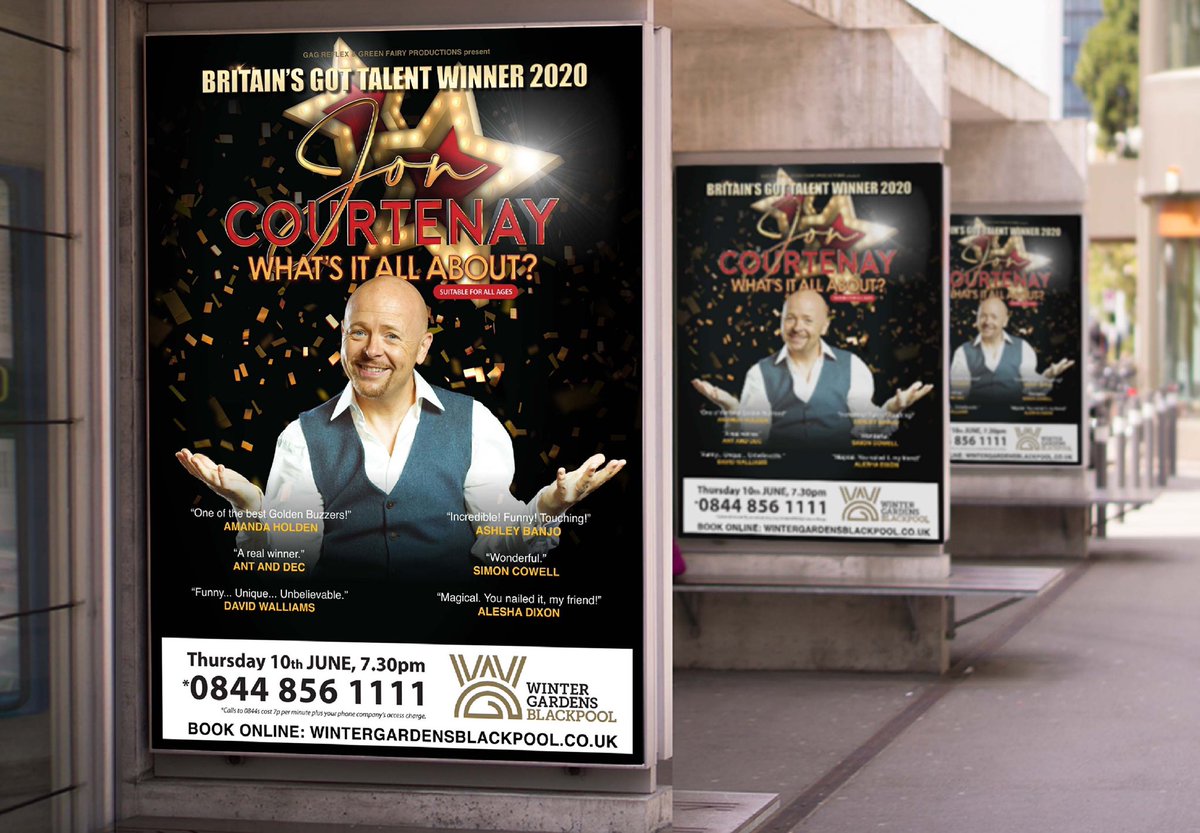 It’s been a joy working with <a href="/BGT/">BGT</a> winner <a href="/joncourtenay/">Jon Courtenay Official</a> on his tour advertising. First stop? Winter Gardens #Blackpool!  A few remaining tickets left at wintergardensBlackpool.co.uk Break a leg, Job! #bgt #GoldenBuzzer