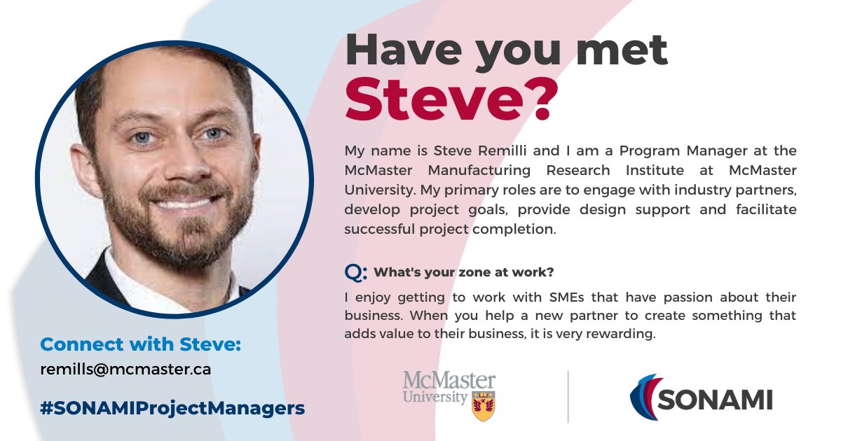 sonamicanada's tweet photo. The projects at our network of institutions are run by a dynamic group of Project Managers. 

This week we'd like to ask: Have you met: Steve Remilli?

#SONAMIProjectManagers #Appliedresearch #AdvancedManufacturing #McMasterUniversity 
https://t.co/uYZ68NtwdV https://t.co/gLuPvZ1JUO