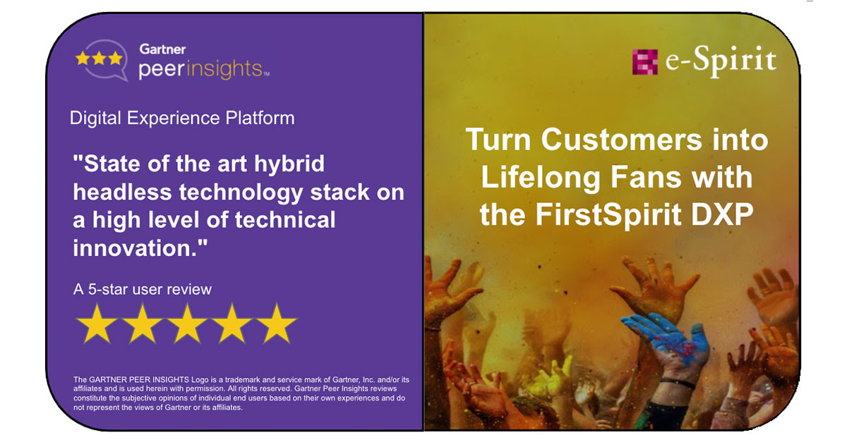 Our customers have spoken! We are thrilled to have our FirstSpirit #DXP and hybrid headless CMS reviewed on Gartner Peer Insights. 
gartner.com/reviews/market…
#GartnerPeerInsights #peerreviews #b2breviews #DXP #HeadlessCMS