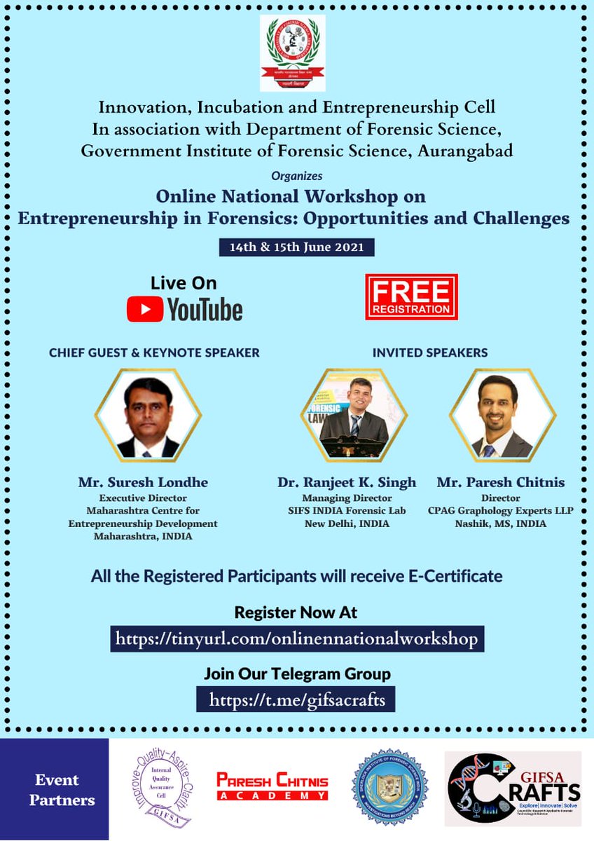CraftsGifsa's tweet photo. IIEC, Govt. institute of Forensic Aurangabad invites you to participate in National Workshop on "Entrepreneurship in Forensics: Opportunities and Challenges". Register for free  with the following link: https://t.co/omwLlWv0rn
Regards, 
Organizing team https://t.co/OCrGq3P6qy