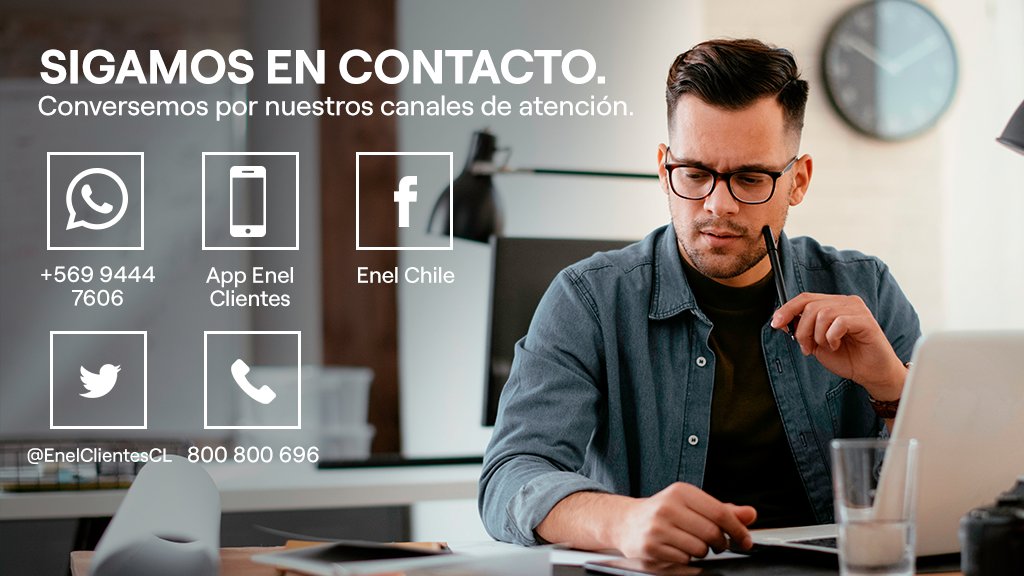 Enel_Informa_CL's tweet photo. Ya sea a través de WhatsApp, Facebook, Twitter o nuestra App Enel, estamos siempre a tu disposición en caso de dudas, emergencias u otros requerimientos. Conoce nuestros canales aquí: https://t.co/qP6l09cLZK
#EnelTeEscucha
#Conversemos https://t.co/no98ANQ55L