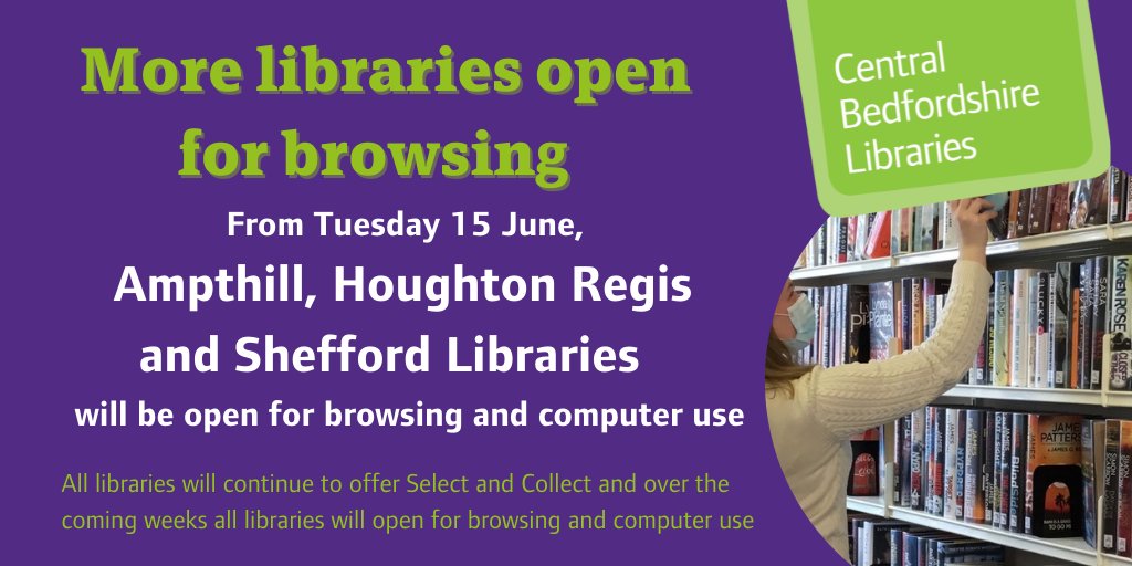 cbc_libraries's tweet photo. From Tuesday 15 June customers will be able to browse the shelves for their next read in Ampthill, Houghton Regis and Shefford libraries as they join Dunstable, Flitwick, Leighton Buzzard, Potton and Sandy libraries in welcoming customers inside. #openforbrowsing
@SheffordTC https://t.co/vg0zqv7hwg