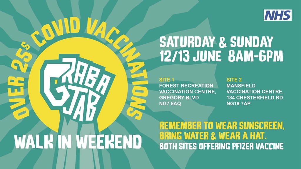 💉 Eligible for your jab? We’ve got walk-in clinics happening this weekend and you’re invited!   

Come to at Forest Recreation Ground or Mansfield Vaccination Centre between 8am and 6pm on Sat or Sun. No booking needed!

Find out more nottsccg.nhs.uk/covid-19/grab-… #GrabAJab