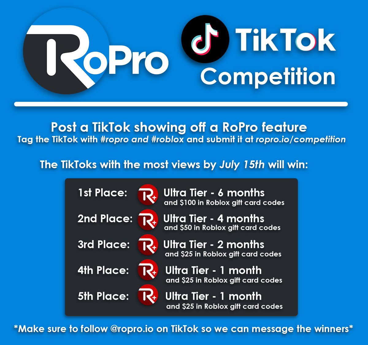 RoPro Roblox Extension on X: We are hosting a TikTok competition. TikToks  showing off any RoPro feature which get the most views by July 15th will  win up to $100 in Roblox