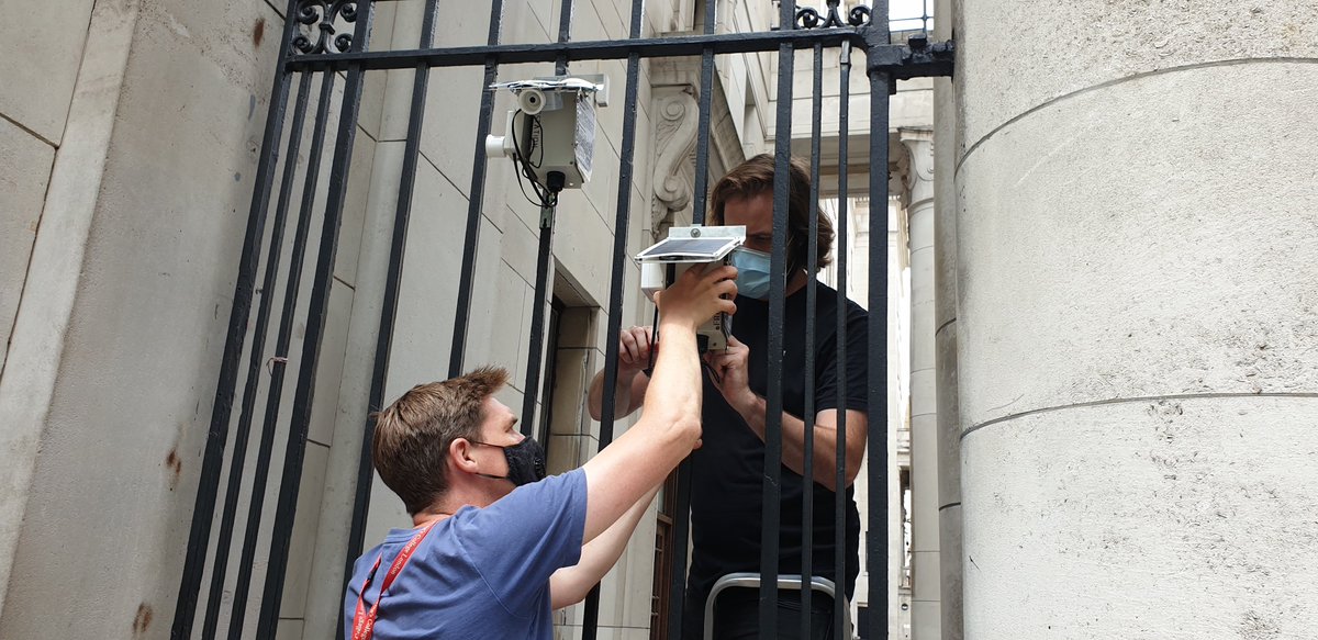 markmulligan's tweet photo. First set of 6 #FreeStation air and noise pollution monitors installed with @FT_oshea and @drarnoutvans  on Strand and Aldwych in preparation for  #StrandAldwych  pedestrianisation as part of #ReSETH2020 Great to do some #fieldwork even with no field in sight. https://t.co/X3YUmSuPz9