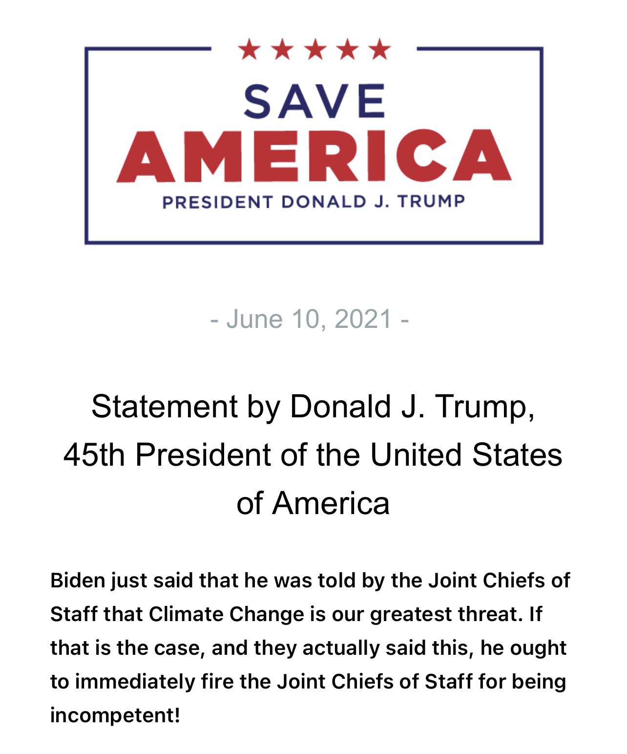 Trump blasts Joint Chiefs of Staff in new statement after Biden claims they told him “climate change” is the biggest threat to America.