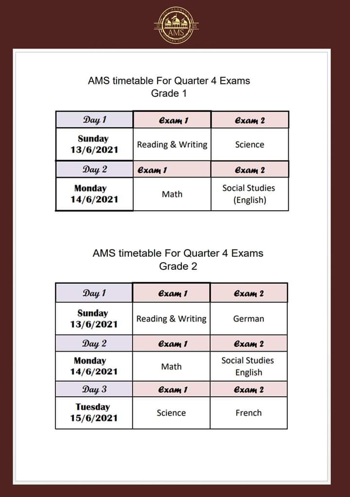 ams_int's tweet photo. Quarter  4 exam schedule
Good luck for all https://t.co/GJ8duOnvtw